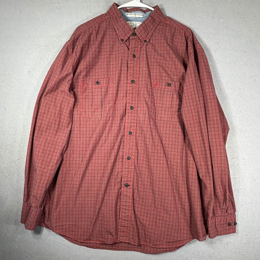 Nautica Button Down Shirt Mens XXL 100% Cotton Micro Plaid Dual Pocket Americana
